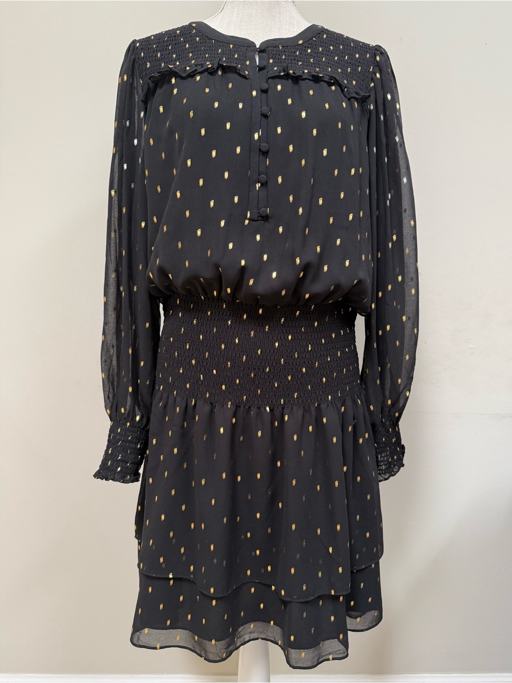 White House Black Market Black Dress with Metallic Gold Dot Smocking Long Sleeve